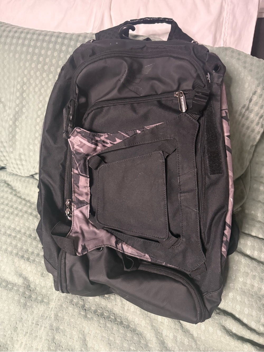 Black Baseball Bat Backpack with Subtle Gray Camo Accents